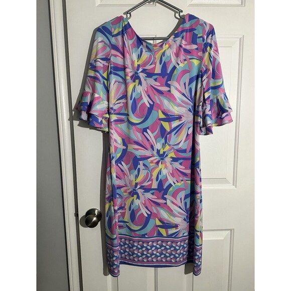 Pappagallo Victoria Preppy Pastel Abstract Print 3/4 Ruffle Sleeve Shift Dress M - Picture 4 of 4